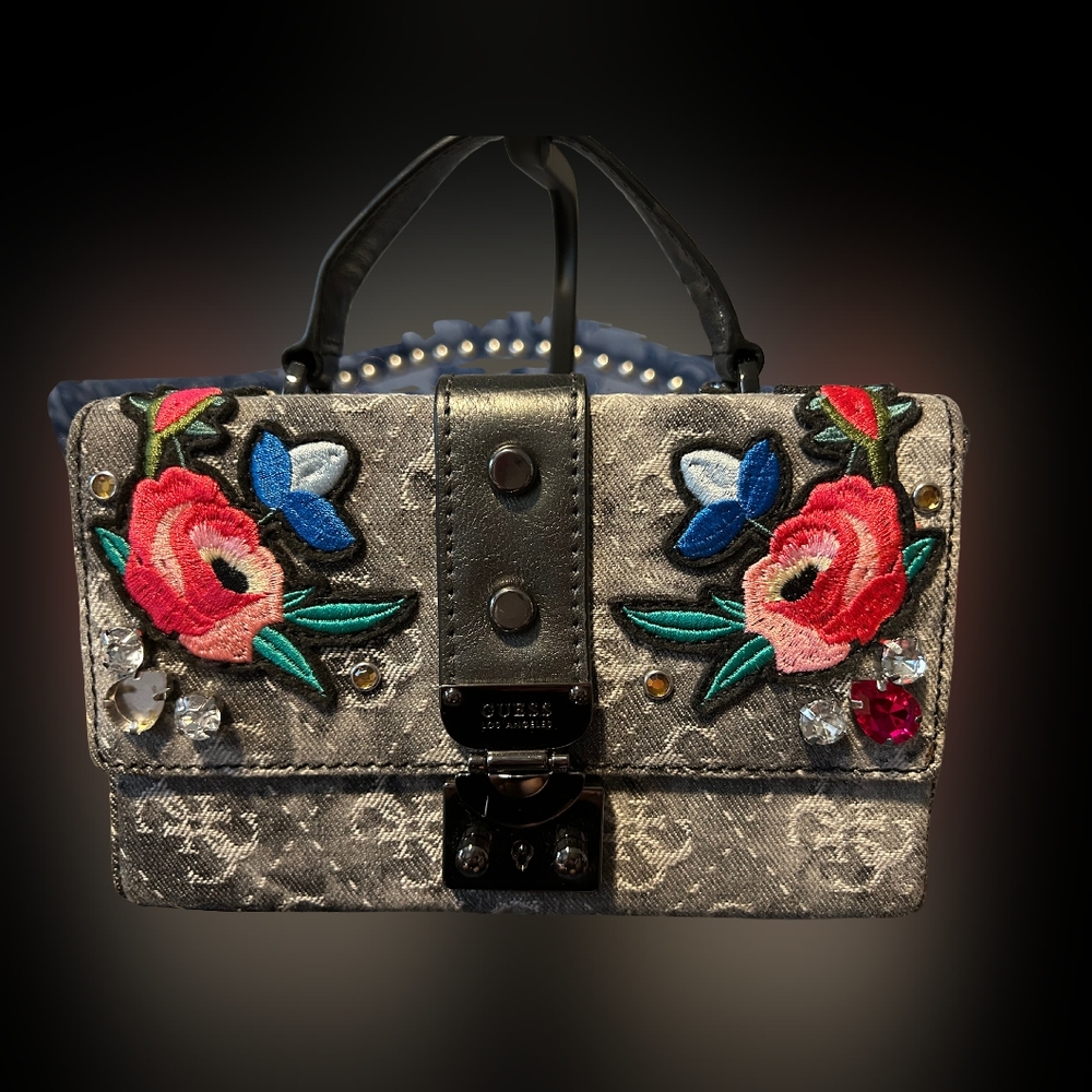 Guess Badlands Black and Pink Floral Trunk Crossbody
